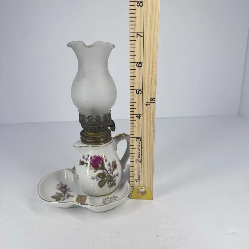 Vintage Miniature Finger Oil Lamp Porcelain‎ Floral Base Milk Glass Chimney